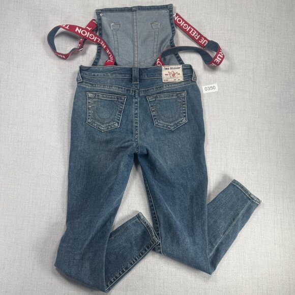 Y2K True Religion Skinny Overalls Blue Denim Cotton Blend Size M Medium - Picture 2 of 9